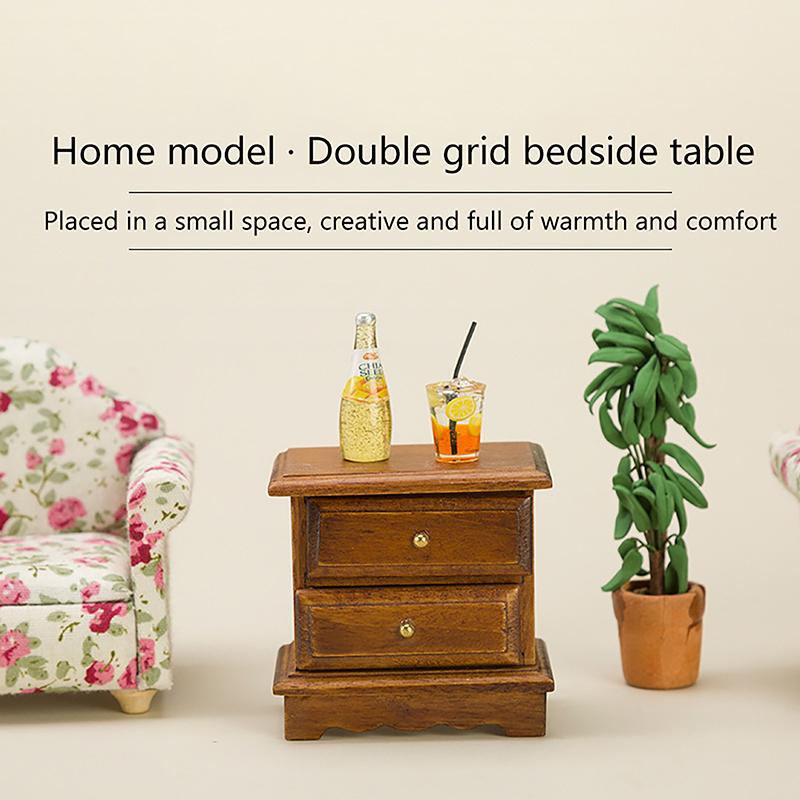 Dollhouse Accessories Crafts 1:12 Double Layer Edge Cabinet Model Miniature Creative Furniture Decoration Wooden Bedside Table
