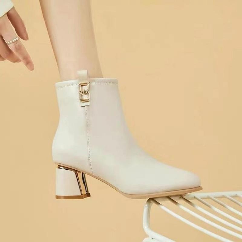 Stivaletti Corti con Tacco Alto Spesso Stile Britannico per Donna2025Nuovi Scarponcini in Cotone Foderati in Pile Stile Coreano alla Moda in Pelle da Donna