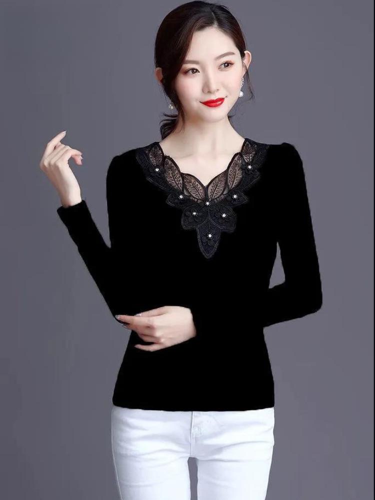Autumn Coat, Black Mesh Base Shirt, Lace Fashionable Slimming Temperament Top