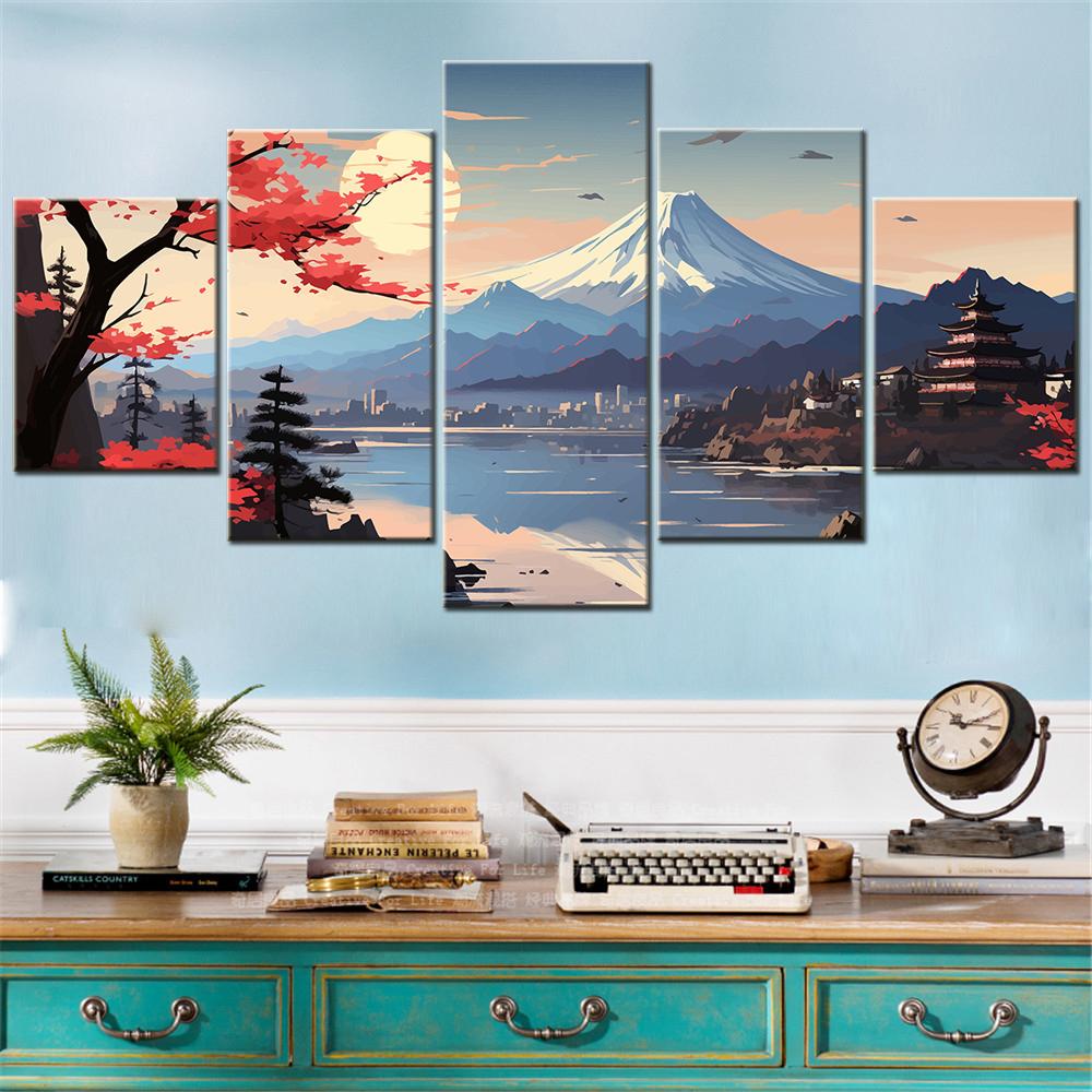 

5 Panel HD Printed Canvas Wall Art Abstract Vector Illustration Scenery Picture Aesthetic Poster Room Decoration without 20X35 20X45 20X55CM