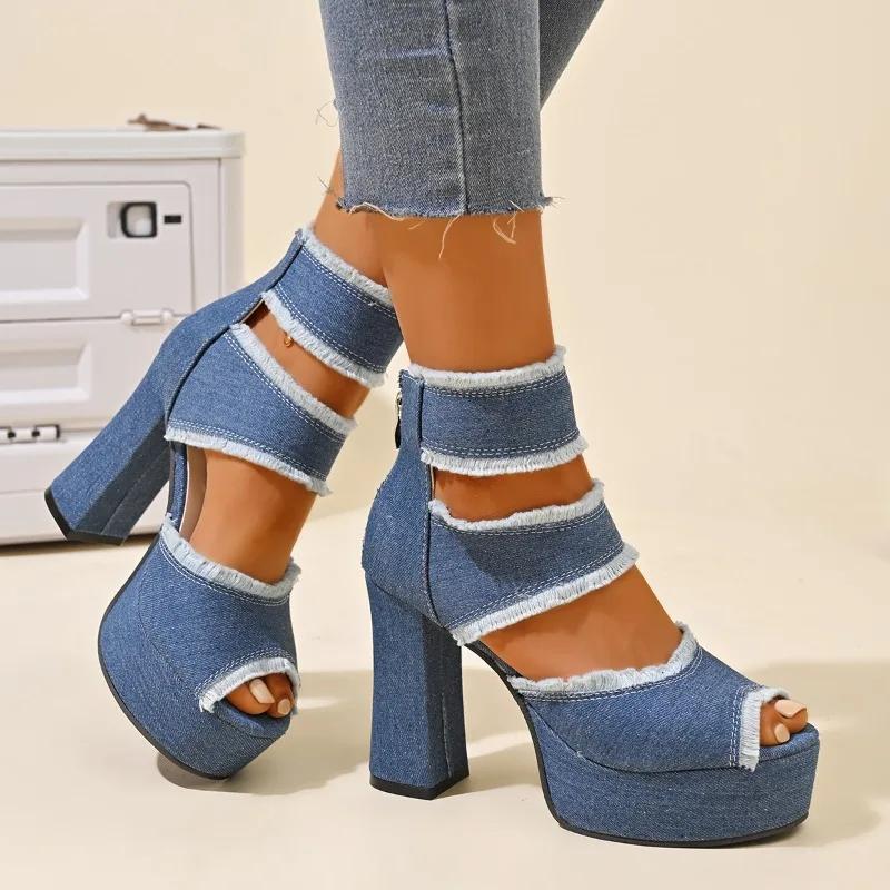 2025 Summer New Women's Cover Heel Sandals with Platform Back Zip Ankle Wrap Denim Dress Party Plus Size Shoes for Women