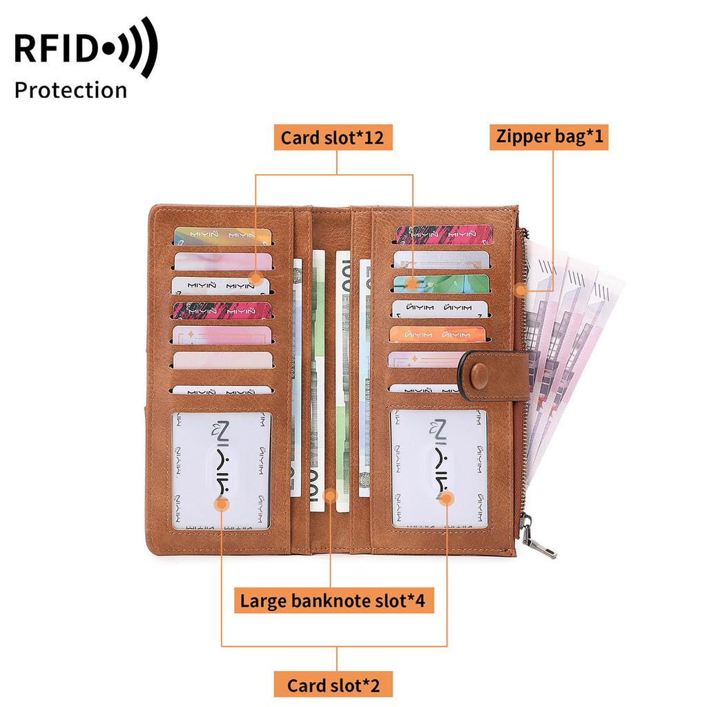 RFID anti-theft swiping ladies' long wallet retro multi-slot buckle wallet fashionable clutch