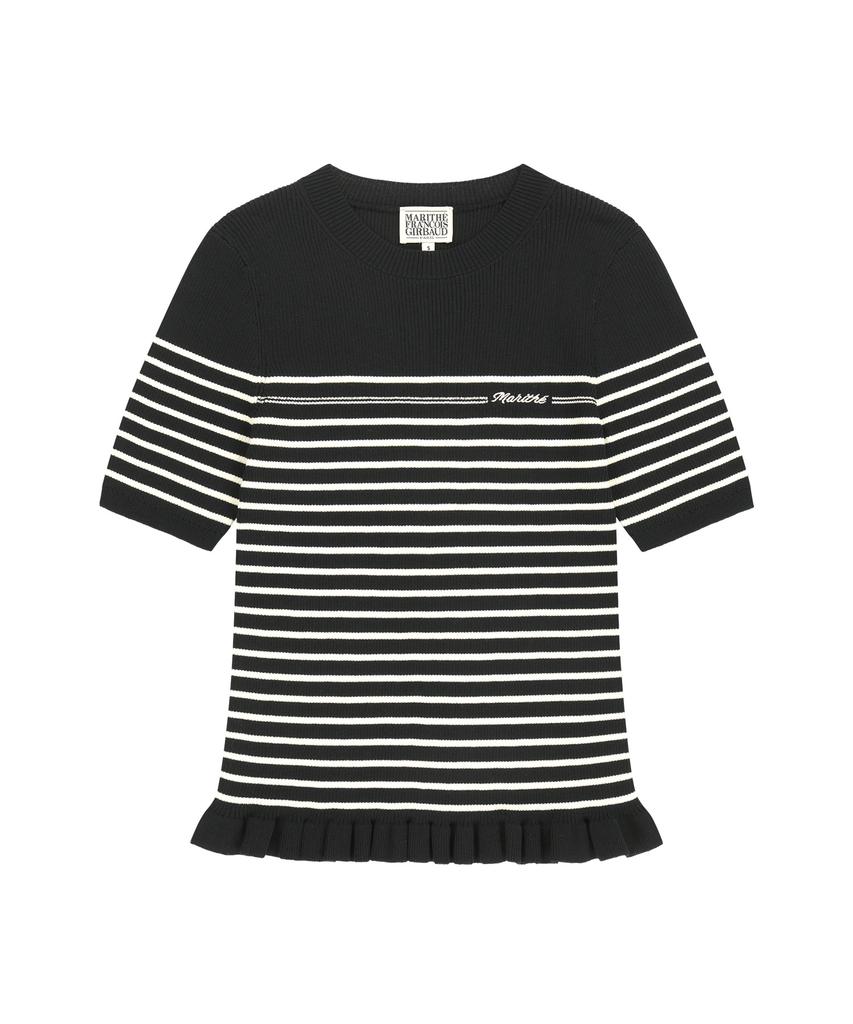 Malittepeulangsowajeobeo W Ruffle Point Stripe Half Knit Pullover Black