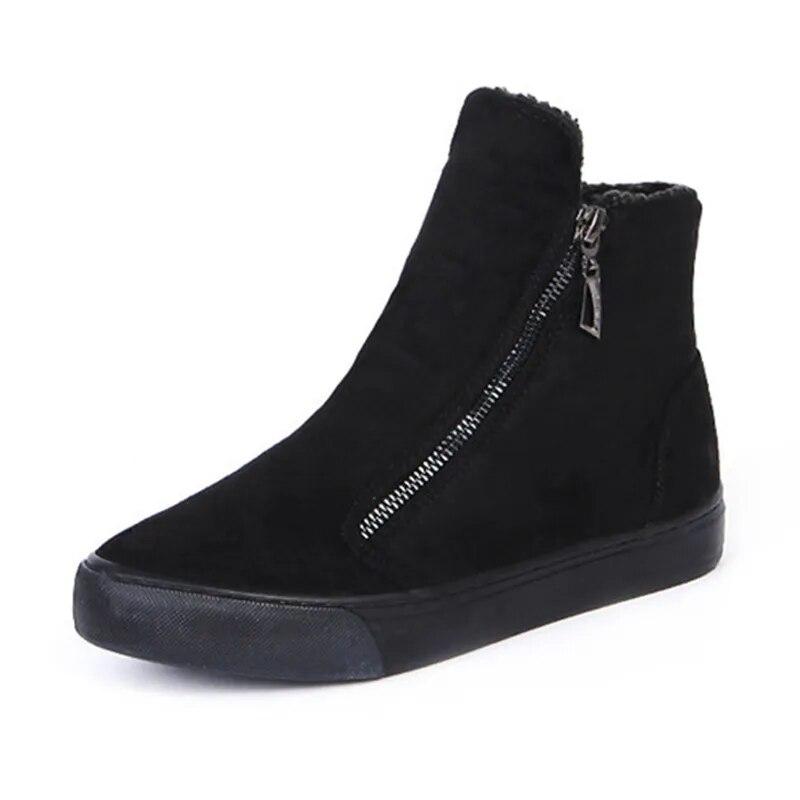 Comfortable Winter Snow Boots Flat Women Winter Shoes Zip Warm Plush Fashion Ladies Brand Ankle Boots Pure Black