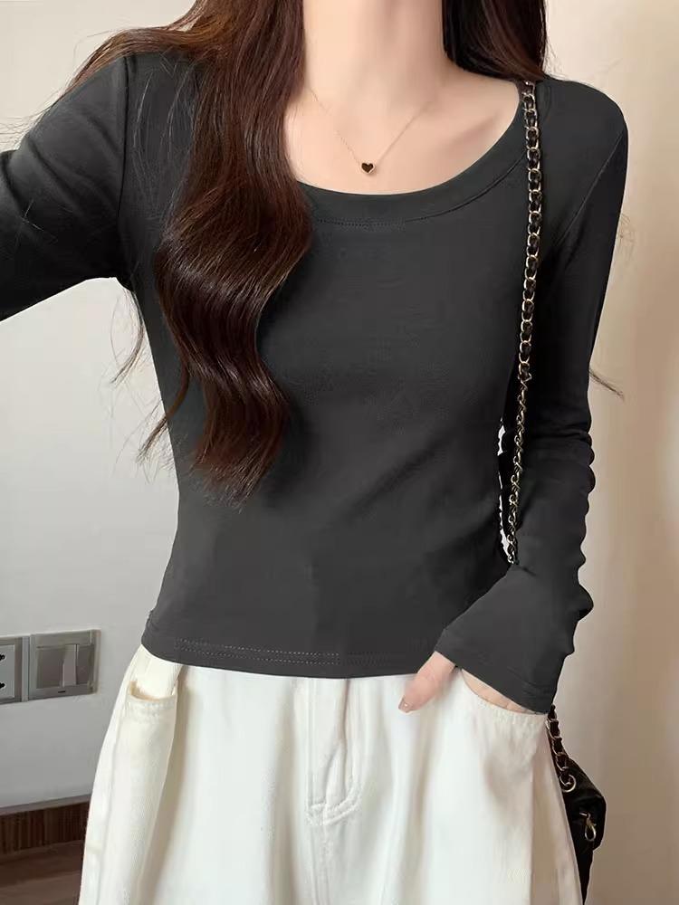 American White Front Shoulder Slim-fitting Long-sleeved T-shirt Women's Early Autumn New Foreign-style Versatile Small Short Bottoming Top