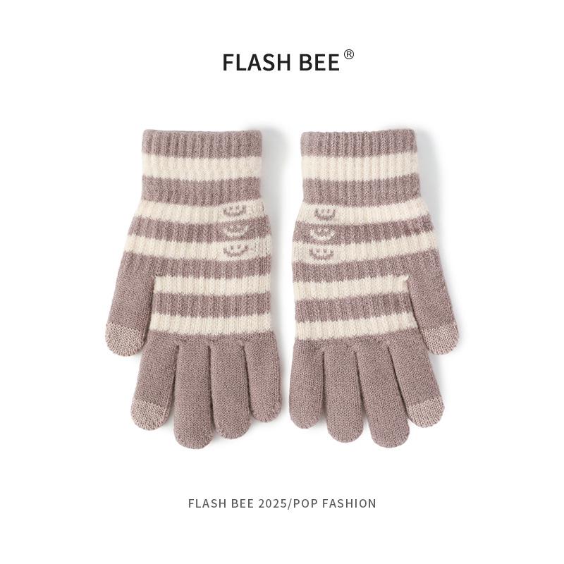 

Striped Smiley Face Women s Touchscreen Wool Gloves - College Autumn/Winter Collection. One Size