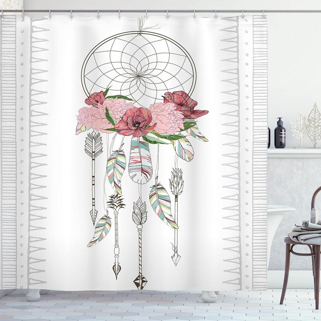 Colorful Shower Curtain, Oriental Boho Flourishing Mandala Flower and Aquarelle Look Hues Print, Cloth Fabric Bathroom Decor Set