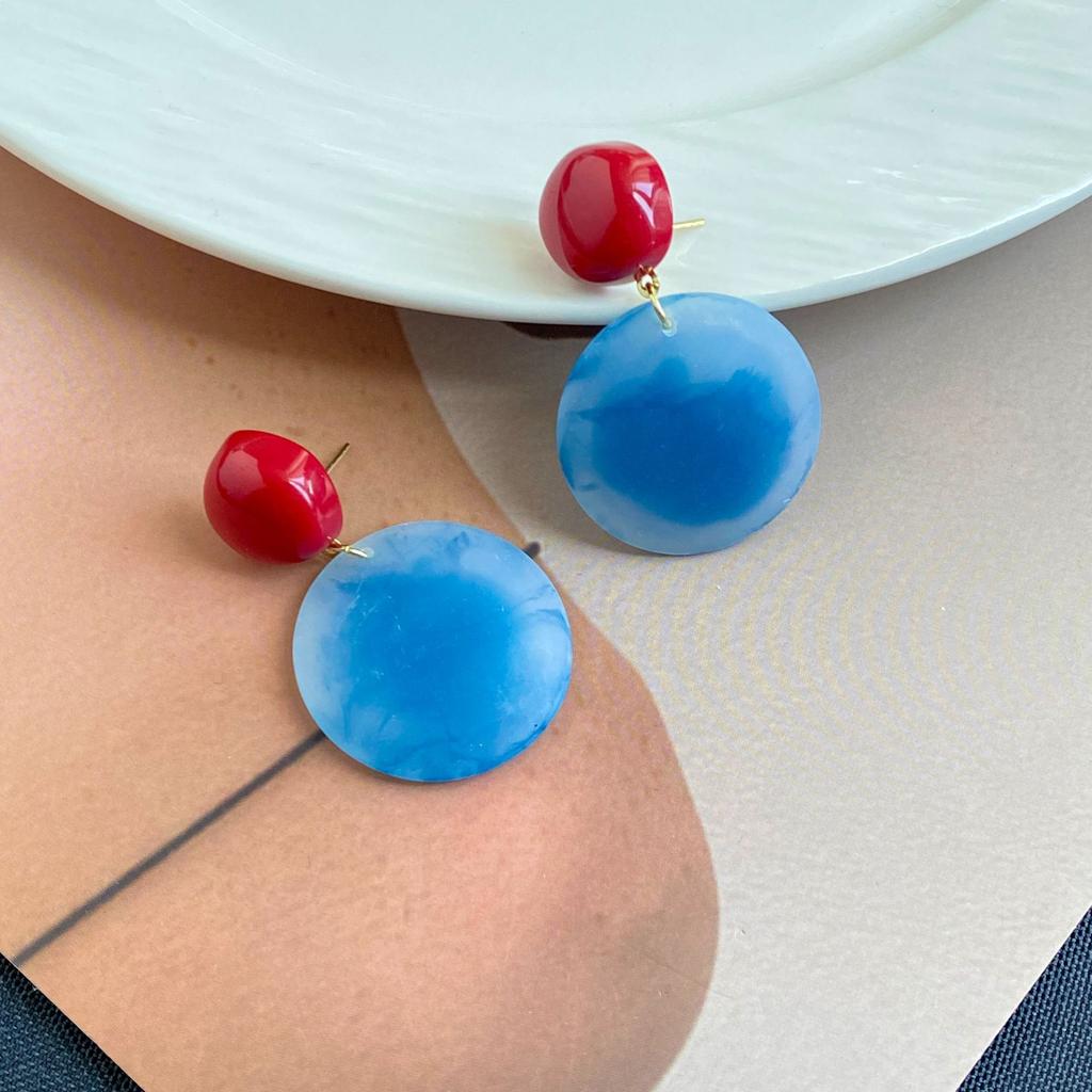 Retro Style Red And Blue Contrasting Geometric Disc Earrings, Light Luxury And High-End Sense, Personalized Fashion Design Exaggerated Earrings