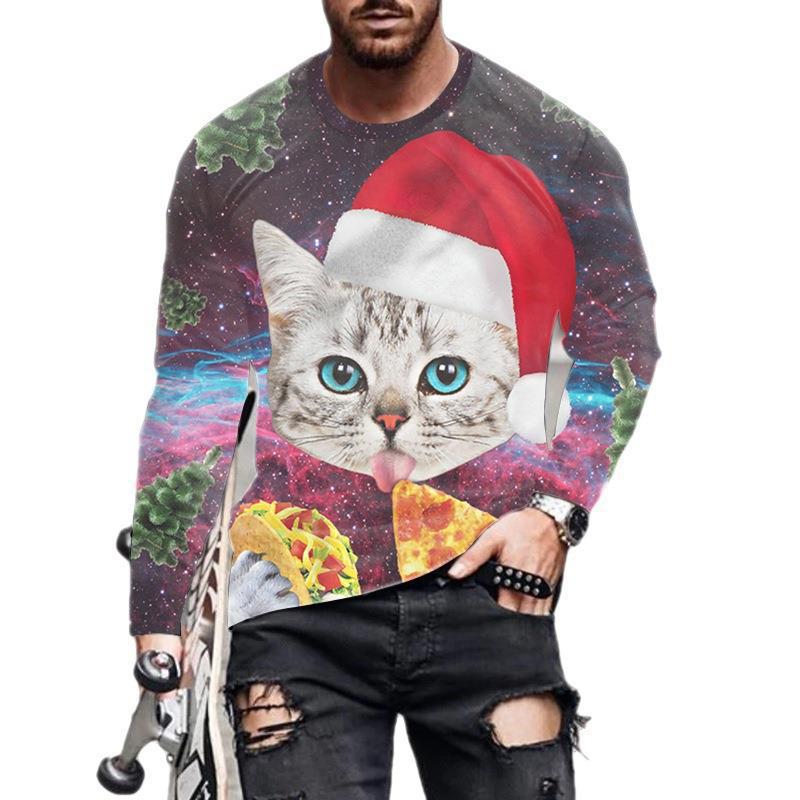 Herren T-Shirts Weihnachten Herren Neu Rundhals Langarm Street Fashion 3D Gedrucktes Herren T-Shirt