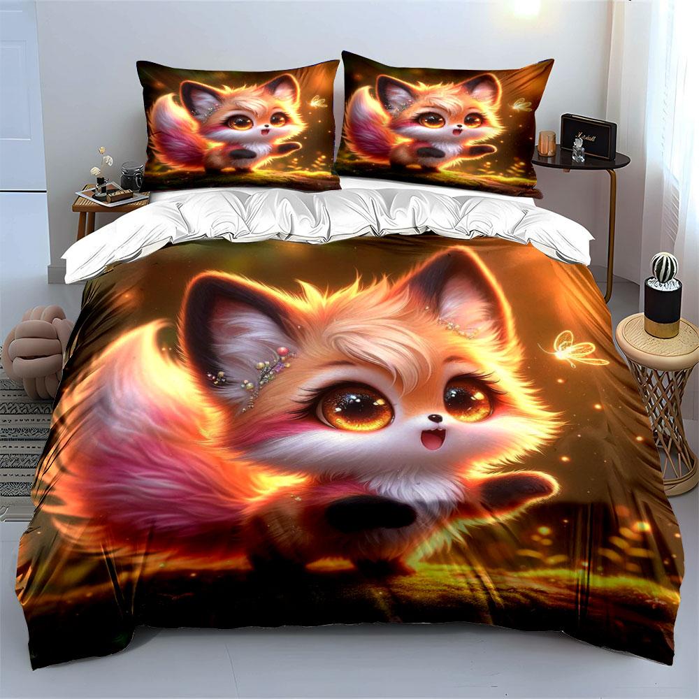 3Pcs Fantasy Woodland Cute Little Fox Duvet Cover Set With 3D Printing Design Soft Polyester Bedding Set All-Season Comfort