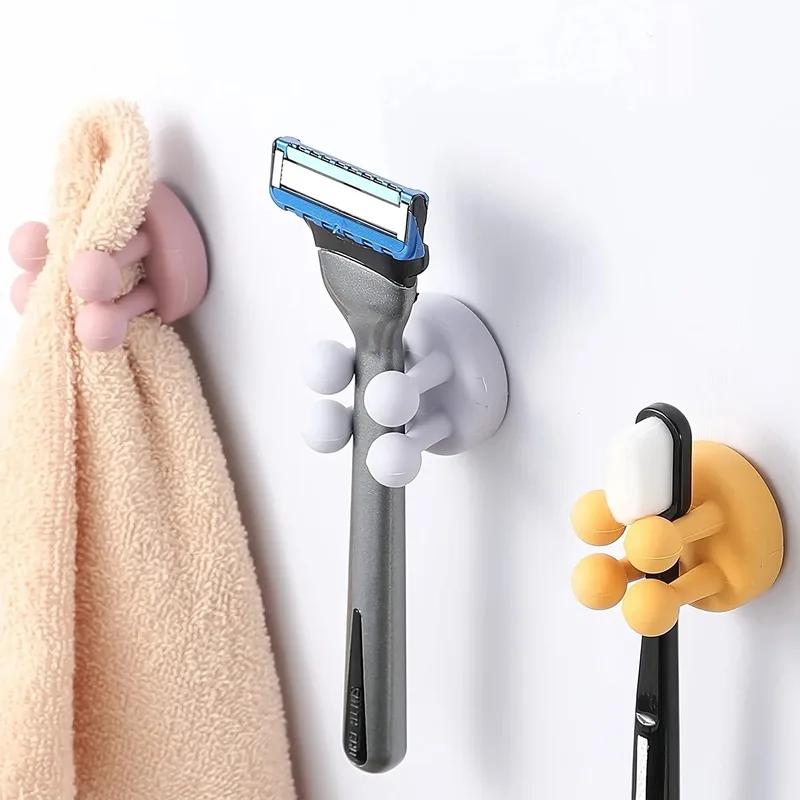 4Pcs Silicone Toothbrush Holders Hook Waterproof Self Adhesive Wall Mounted Single Hook for Hanging Key Plug Holder