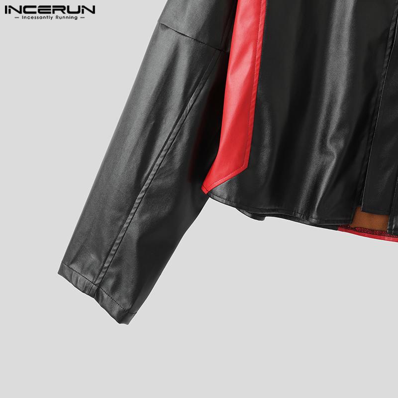 INCERUN Autumn Men Collarless Long Sleeve Zip-up PU Leather Casual Cropped Coats Jackets