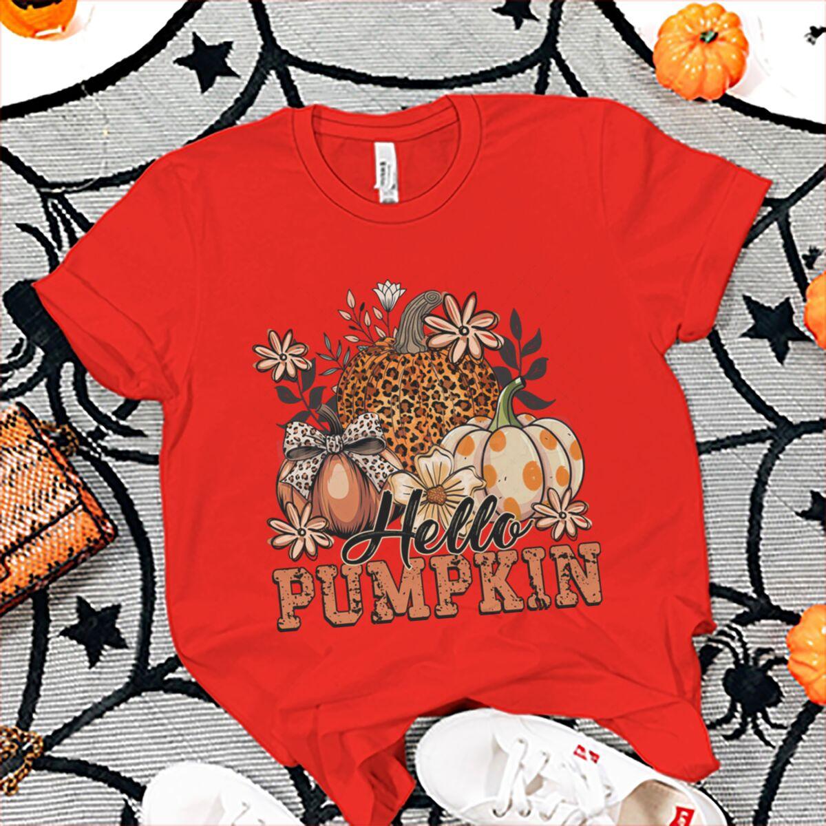 

Hello Pumpkin Tshirt FeUnisex Halloween Fall Leopard Pumpkin Coquette Bow Graphic T Shirts Spooky Season Short Sleeve Tee Top S