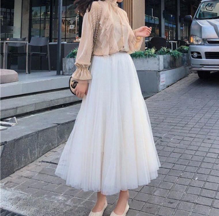 Elegantes Vintage Ballkleid mit hoher Taille Qooth Elastische Taille 3 Lagen Mesh Langer Tüllrock Frühling Herbst Gazetutu-Rock QT2001