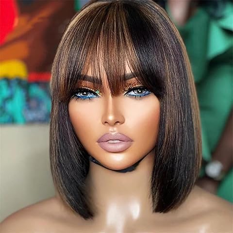 Natural Color Short Hair Mechanism Bangs Bob Wig Black 3*1 Silk Base Lace Wig Women's Straight Bangs