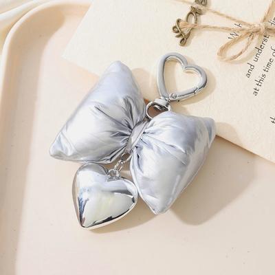 Pu Bowknot Key Chain Ins Style Silver Heart Phone Pendant Headphone Case Lanyard Bag Decor Car Key Ring