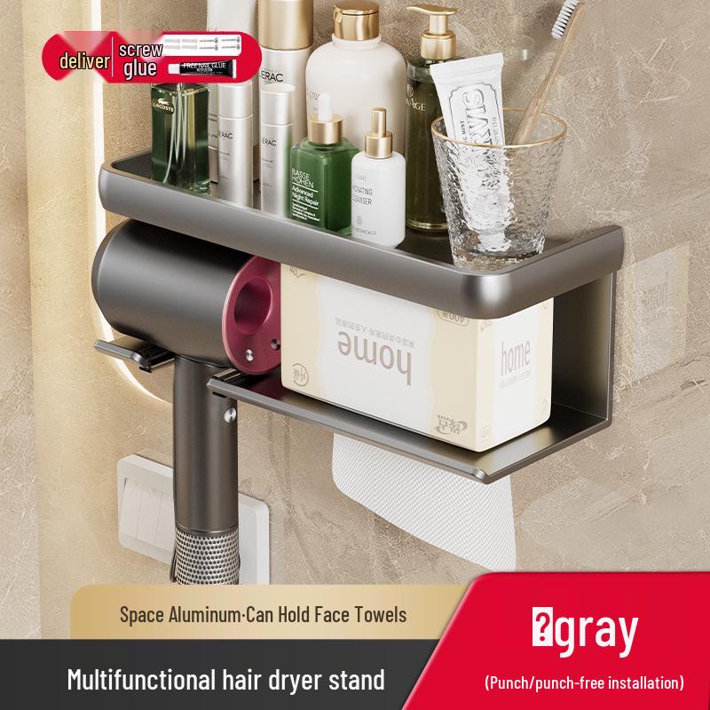 Punch-Free Wall-Mounted Hair Dryer Rack with Storage Shelf