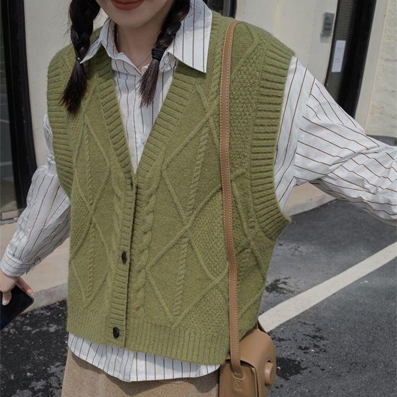 

Весенне-осенний винтажный вязаный жилет женский ленивый британский стиль верхняя одежда короткий свитер кардиган XL