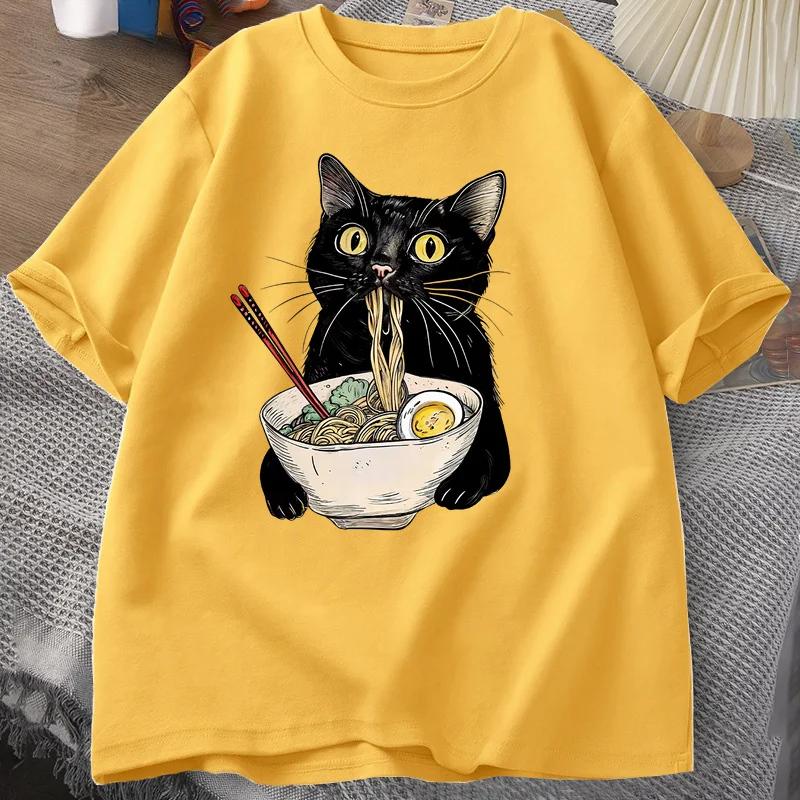 Noodle Ramen Cat T-Shirt Foodie Lover T Shirts Black Cat Noodle T-Shirts Retro Casual Short Sleeve Tshirt for Men Women Clothes