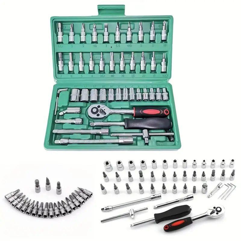 46-teiliges Werkzeugmaschinen-Steckschlüsselset, 1/2 Zoll, 1/4 Zoll, 3/8 Zoll Antrieb, universelles Ratschenschlüsselset mit 72-Zahn-Ratsche, geeignet für den Automobilbereich.