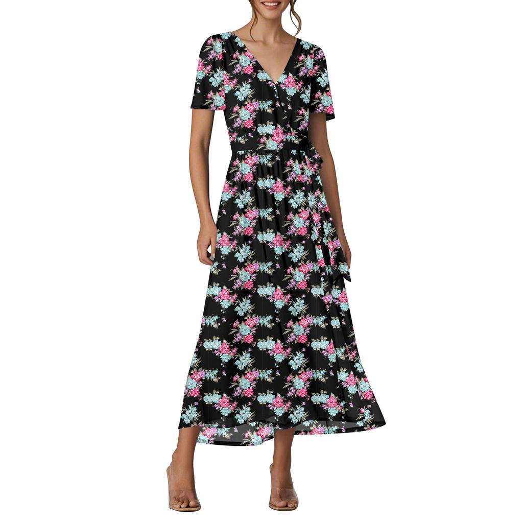 Women's Summer Floral Bohemian Dress Wrap V Neck Short Sleeves Ruffle A-Line Flowy Maxi Dress Summer Dresses For Women