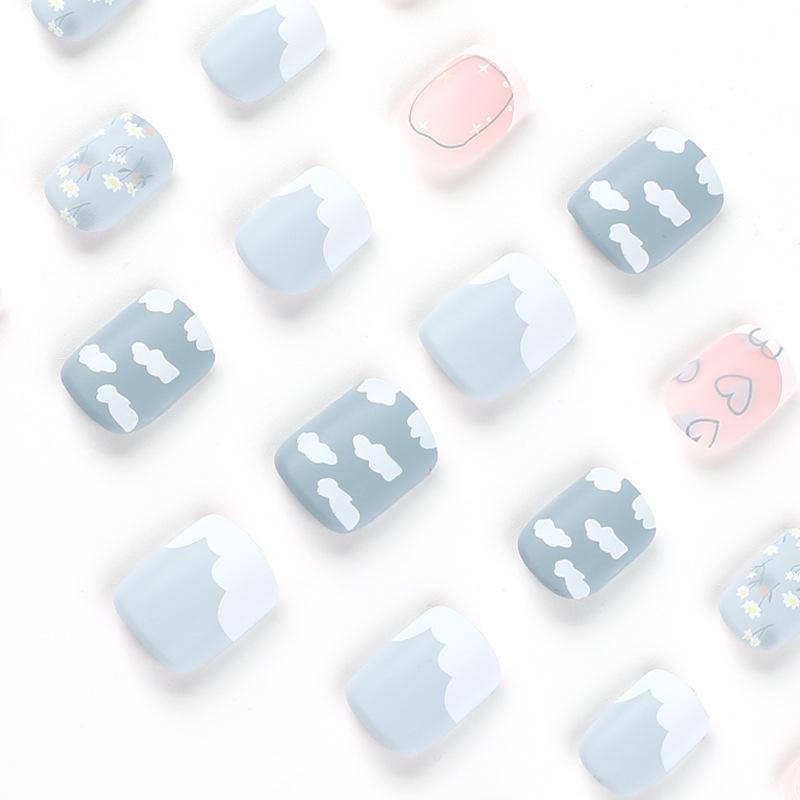24Pcs/Set Quick Nails Frosted Blue Clouds False Nials Sticker Wearable Waterproof Manicure Finished Nails