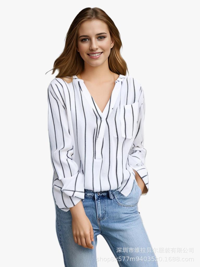 

Loose Fit Women Shirt Long Sleeve V Neck Button Down Casual Lightweight Striped Pattern Blouse for Everyday Wear XXXL