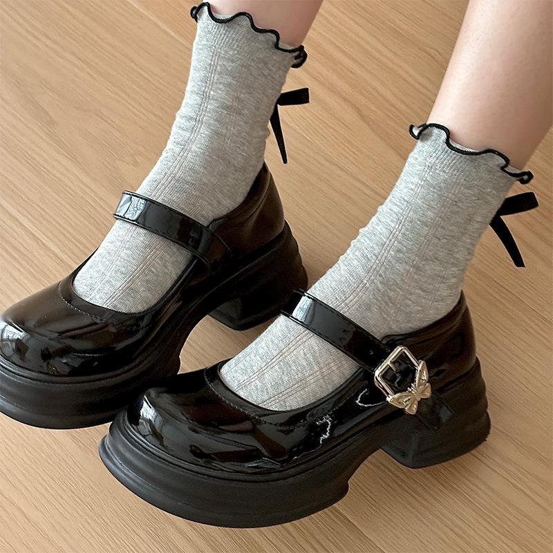 Franske Mary Jane-sko med høye hæler for kvinner, Retro, Enspennelukning, Allsidig sløyfe, Tykksålede, Chunky-hælede skinnsko
