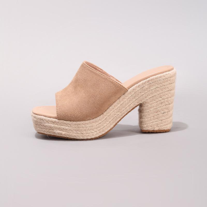 

Hemp rope slope heel platform sandals woven straw rope word with casual summer waterproof table high heels European and American style 43 хаки