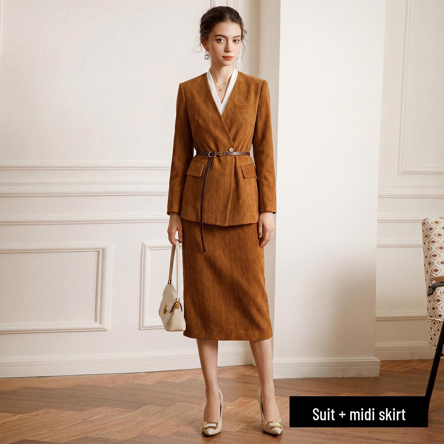 Elegant Brown V-neck Skirt Suit Set for Women - 2026 Spring Fashion S