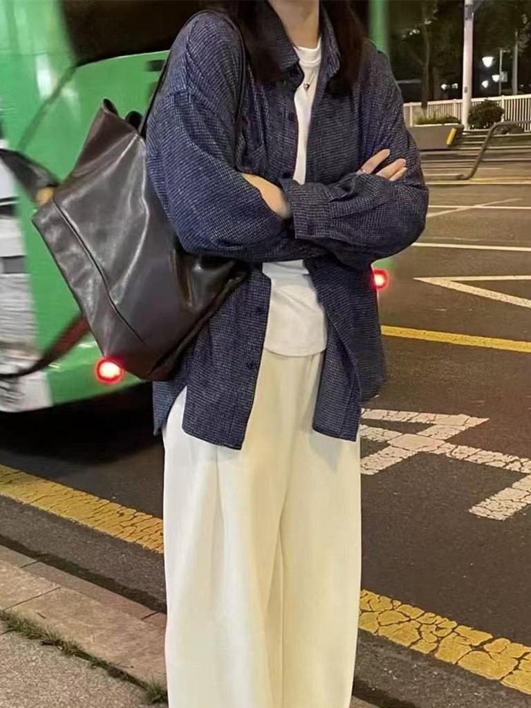 Women's Korean Blue Plaid Brushed Shirt - Loose Fit for Spring, Autumn, and Winter