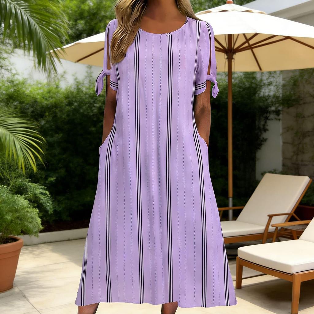 Women Summer Casual Round Neck Striped Dress Short Sleeve Loose Fit Midi Dress with Side Tie Sleeves and Pockets