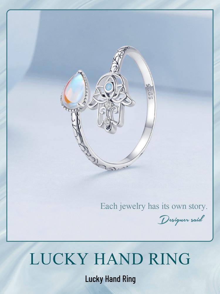 Avle Original Lucky Hand Ring - S925 Sterling Silver Platinum-Plated Open Ring Jewelry for Women