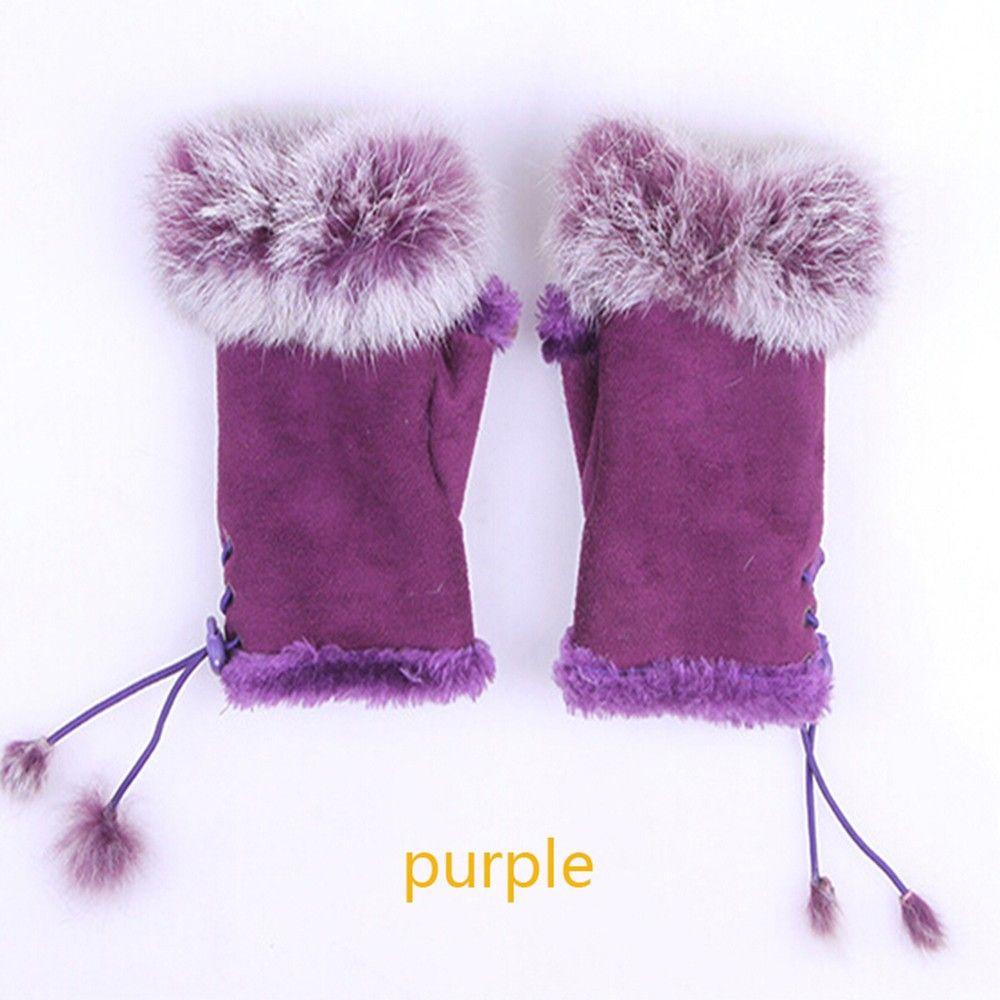 Gift Lady New Genuine Color Soft Trim Wrist Warm Rabbit Fur Women Gloves Fingerless