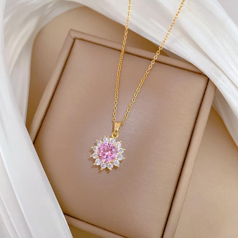 Simple Shiny Pink Zircon Flower Pendant Necklaces for Women Girls Luxury Stainless Steel Chain Jewelry Accessories Gifts