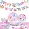 Butterfly Birthday Party Supplies, Butterfly Plates and Napkins Party Supplies-Butterfly Party Plates Cups Tablecloth&Butterfly Birthday Decors Banner