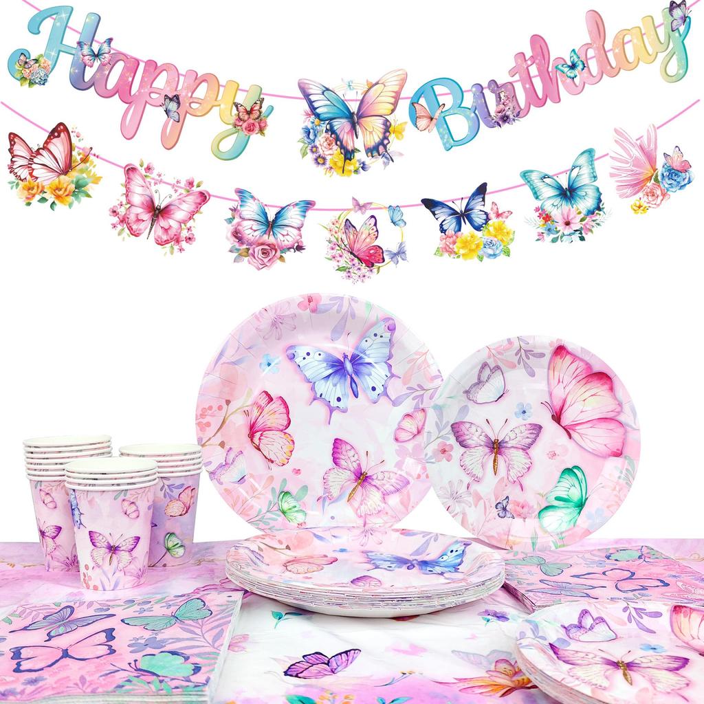 Butterfly Birthday Party Supplies, Butterfly Plates and Napkins Party Supplies-Butterfly Party Plates Cups Tablecloth&Butterfly Birthday Decors Banner