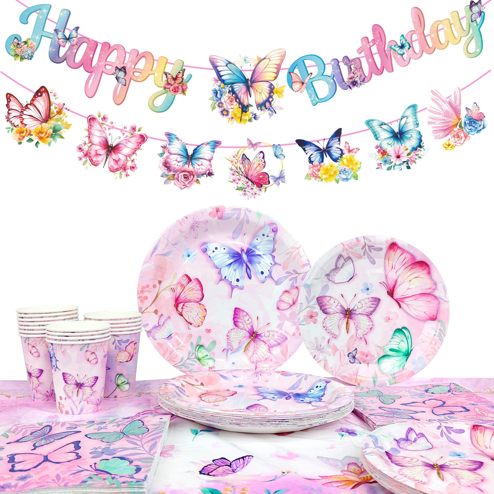 Butterfly Birthday Party Supplies, Butterfly Plates and Napkins Party Supplies-Butterfly Party Plates Cups Tablecloth&Butterfly Birthday Decors Banner розовый