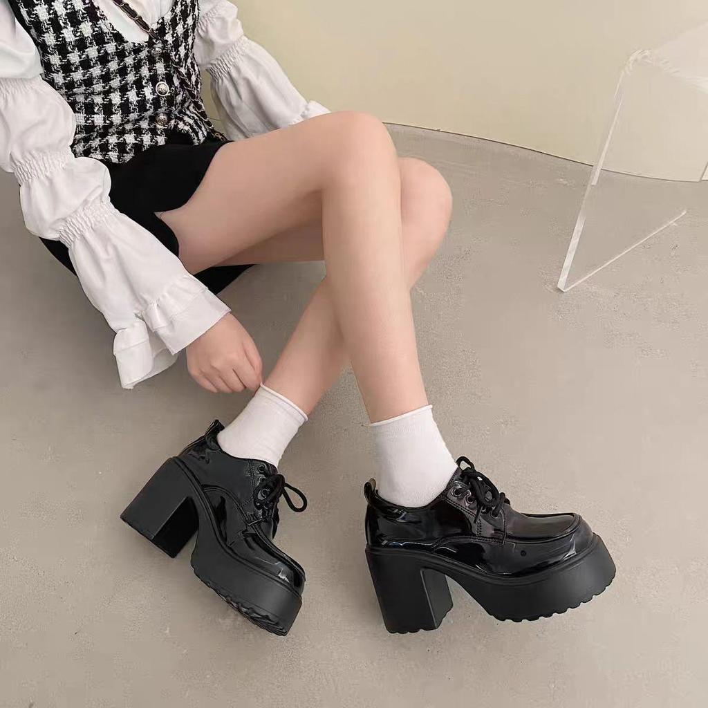 2025 Spring Women's Mary Jane High Heels: New Fashion Platform Chunky Lace-Up Leather Dress Shoes
