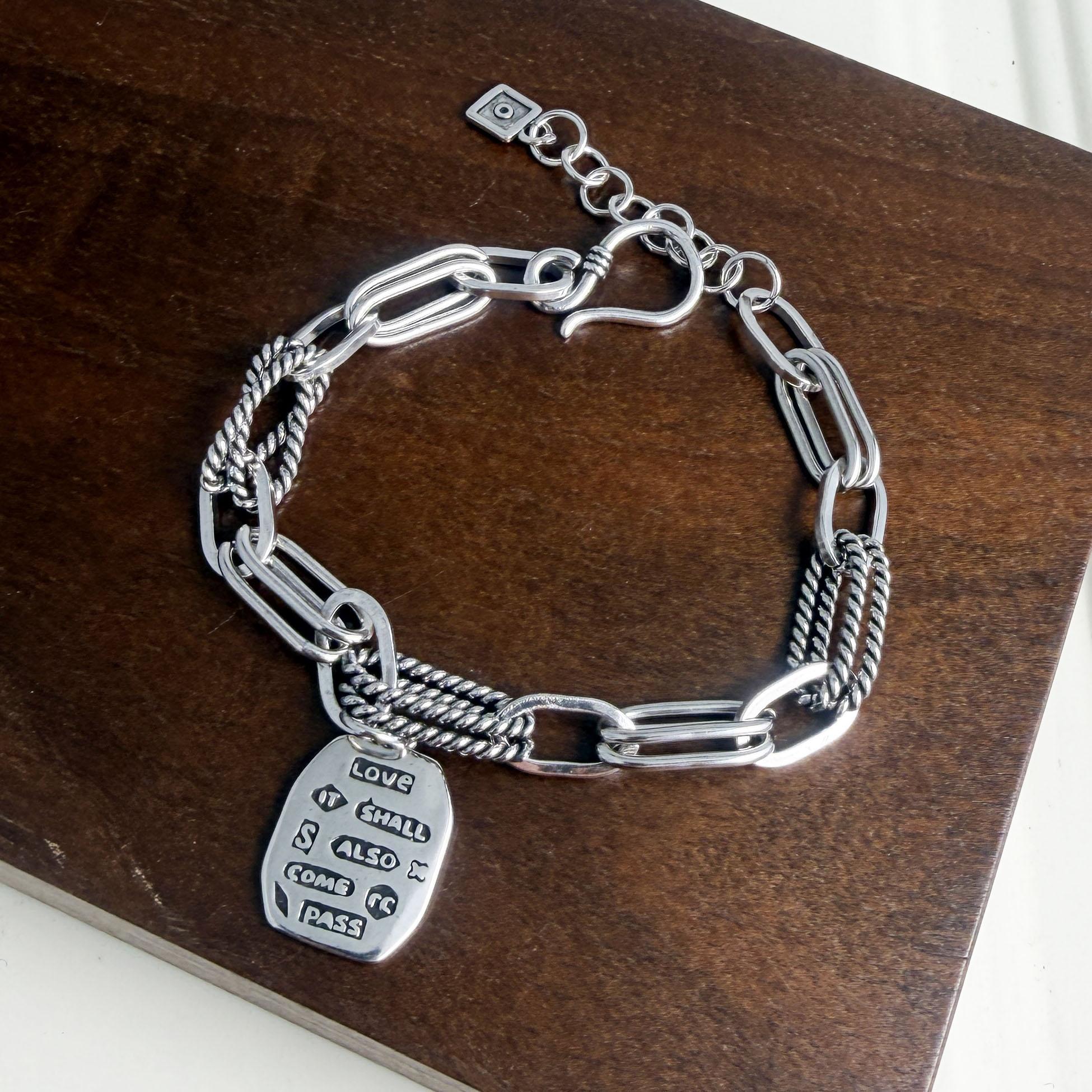 

100% Solid 925 Sterling Silver Retro Bracelet for Women Men Vintage Handmade Letters Tassel Simple Bracelet Birthday Gift