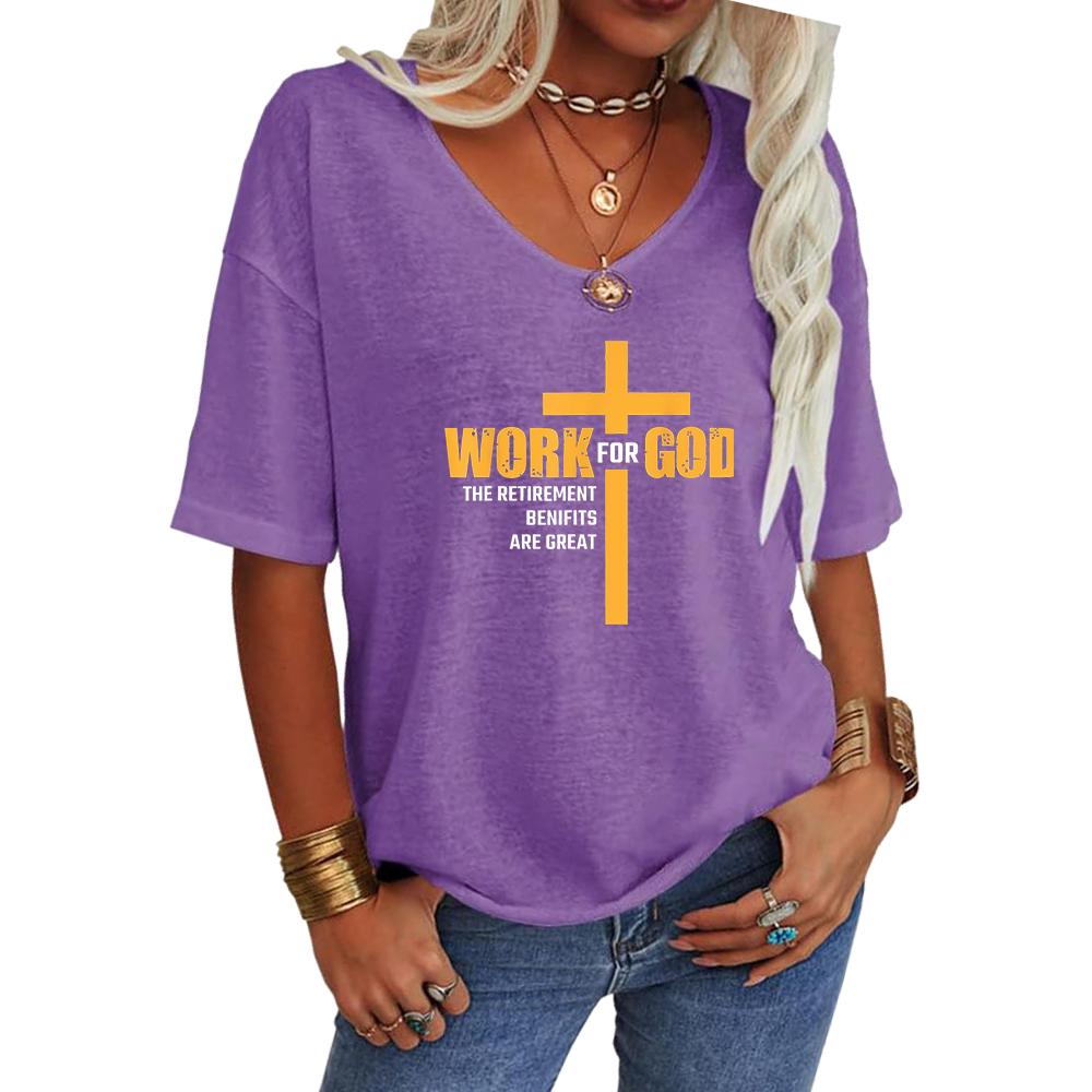 Women Fashion V Neck Tee Shirt Summer Casual Short Sleeve Top Loose Letter Print T-shirt