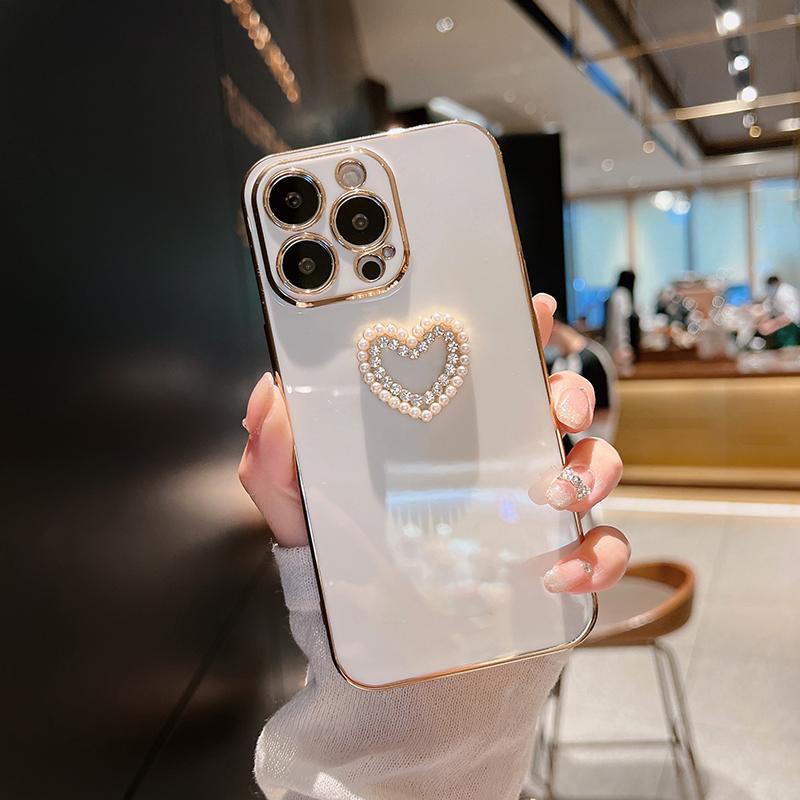 Ins Plating Couple Pearl Diamond Soft Silicon Phone Case For Iphone 13 Pro Max Mini 12 11 7 8 Plus X Xs Xr Se 2 Heart Love Cover