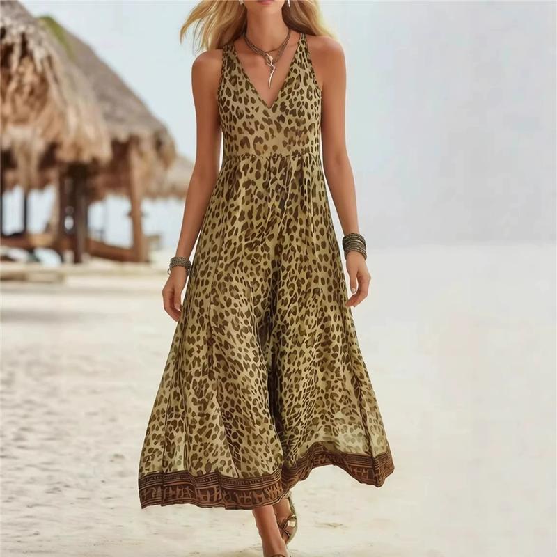 Summer Women's Bohemian Leopard Print Maxi Dress V-Neck Sleeveless Spaghetti Strap Long Dress Casual Loose Flowy Beach Dress