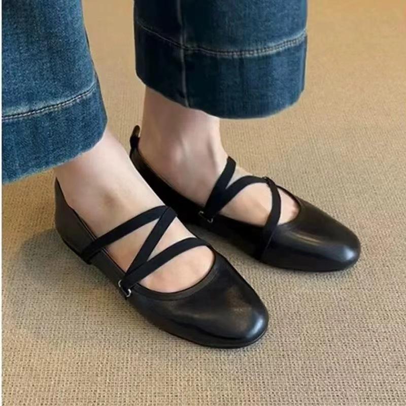Sheepskin Version~ Leather Retro Cross-strap Mary Jane Shoes Flat Single Shoes Women's Round Head Shallow Mouth Ballet Shoes