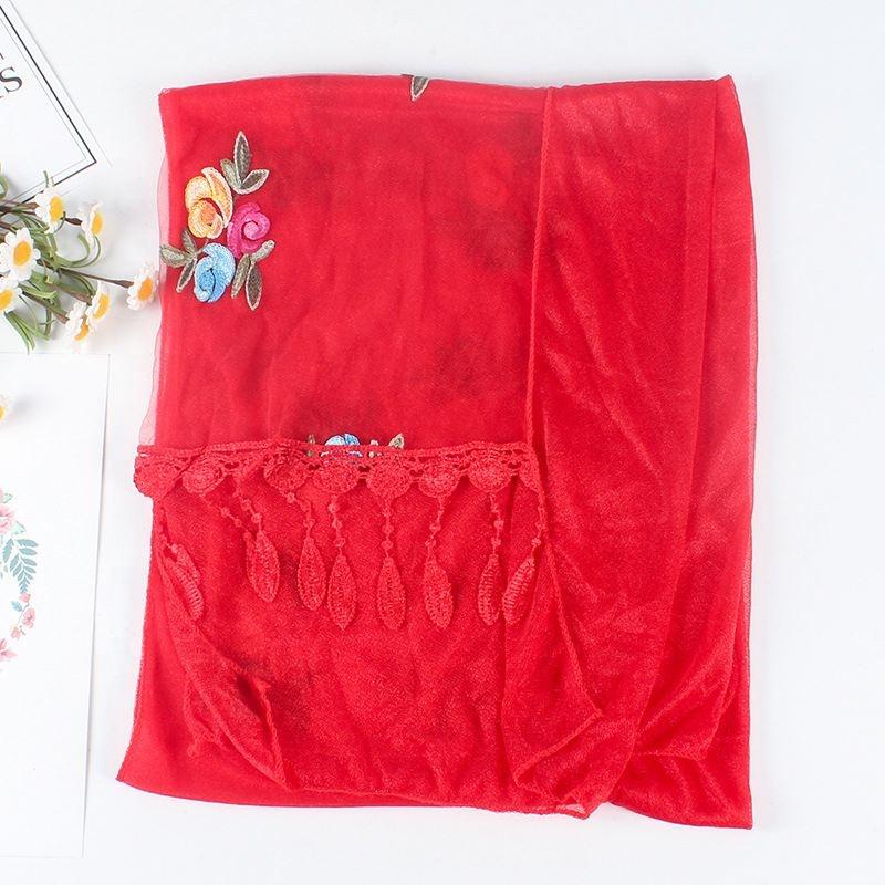 Double Layer Transparent Yarn Long Scarves Head Scarf Flower Embroidery Lace Tassel Hijab Scarf Bufanda Spring Autumn Elegant