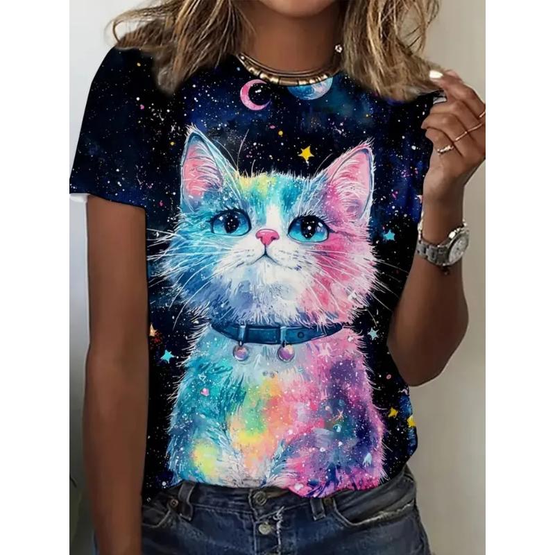 Fashion Women's Crew Neck Short Sleeve 3D Animal Color Printing Animal Short Sleeve Crew Neck T-Shirt