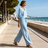 Yousheng Women's Casual 2 Piece Lounge Sets Puff Half Sleeve V Neck Top And Wide Leg Pants Travel Vacation Outfits with
