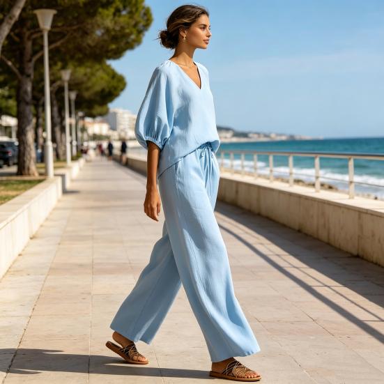 Yousheng Women's Casual 2 Piece Lounge Sets Puff Half Sleeve V Neck Top And Wide Leg Pants Travel Vacation Outfits with