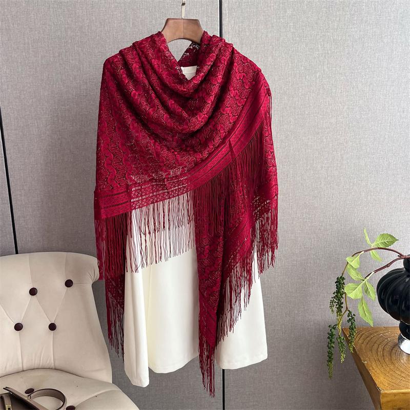 Elegant Lace Large Square Shawl Head Scarf Women Summer Hollow Out Sun Protection Cape Travel Beach Wraps Vintage Tippet Turban