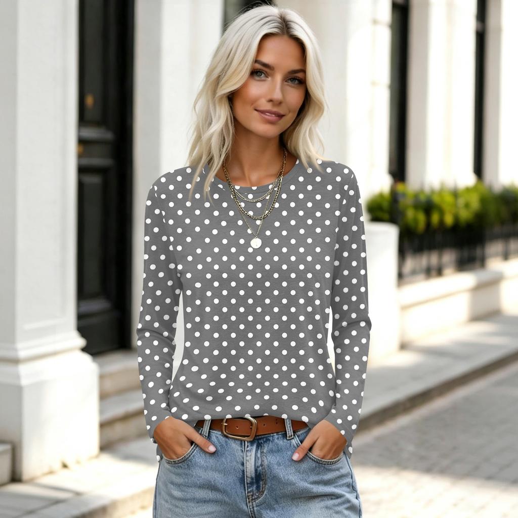 Top de punto para mujer con estampado de rayas y cuadros, cuello redondo, manga larga
